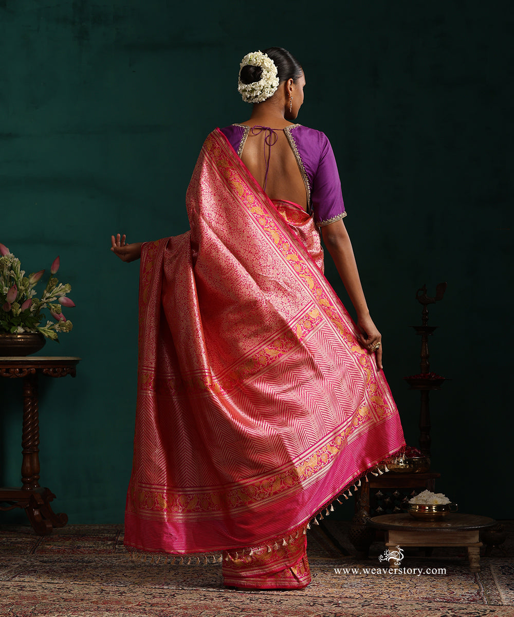 Pink_Handloom_Pure_Katan_Silk_Real_Zari_Shikargah_Banarasi_Saree_With_Mustard_Meena_Birds_On_Border_WeaverStory_03