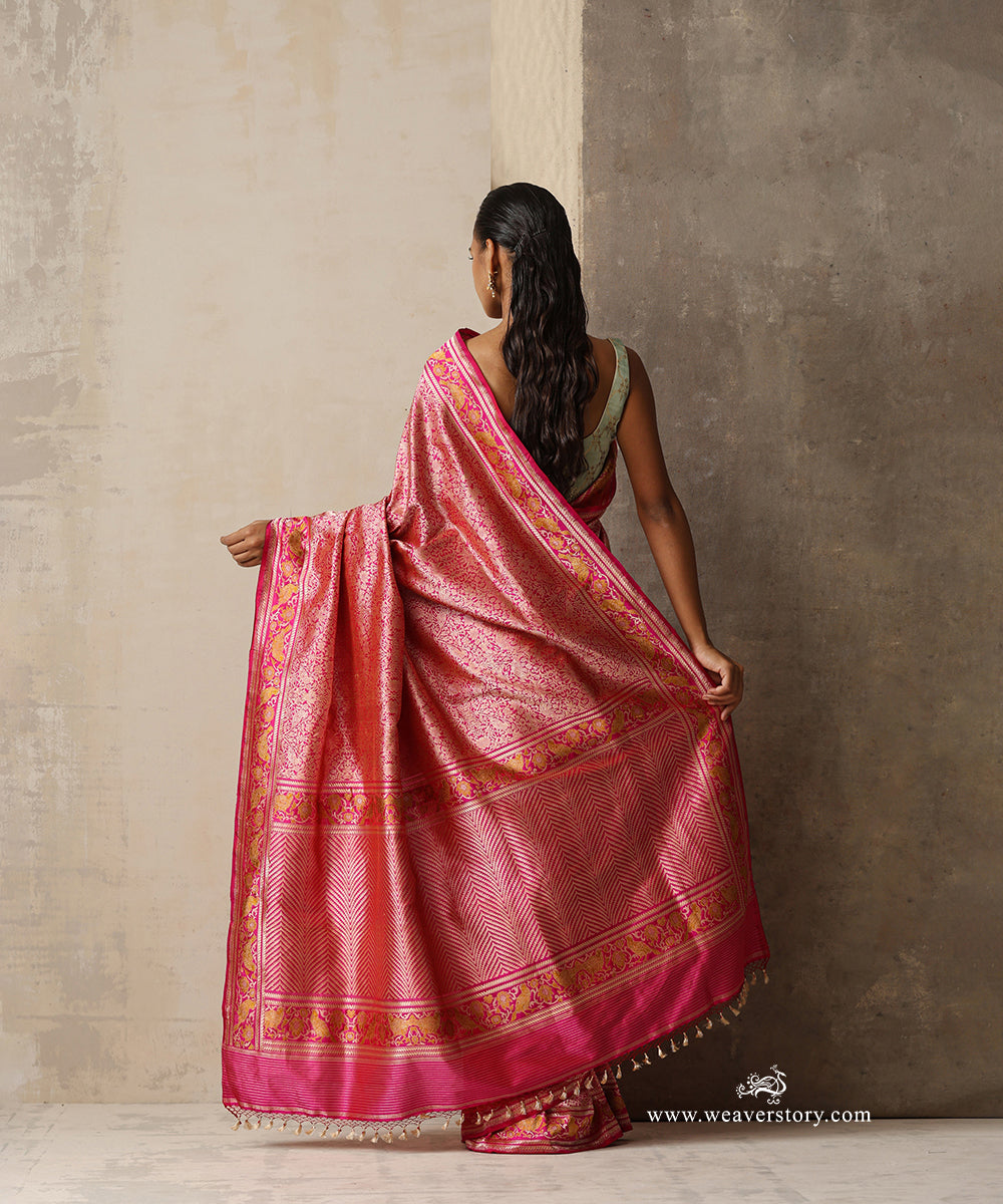 Charumati — Pink Handloom Real Zari Banarasi Shikargah Saree With Meenakari Birds