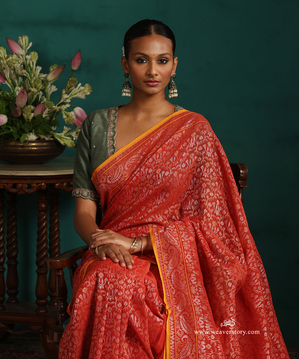 Red_Handloom_Pure_Cotton_Jamdami_Banarasi_Real_Zari_Saree_With_Yellow_Selvedge_WeaverStory_01
