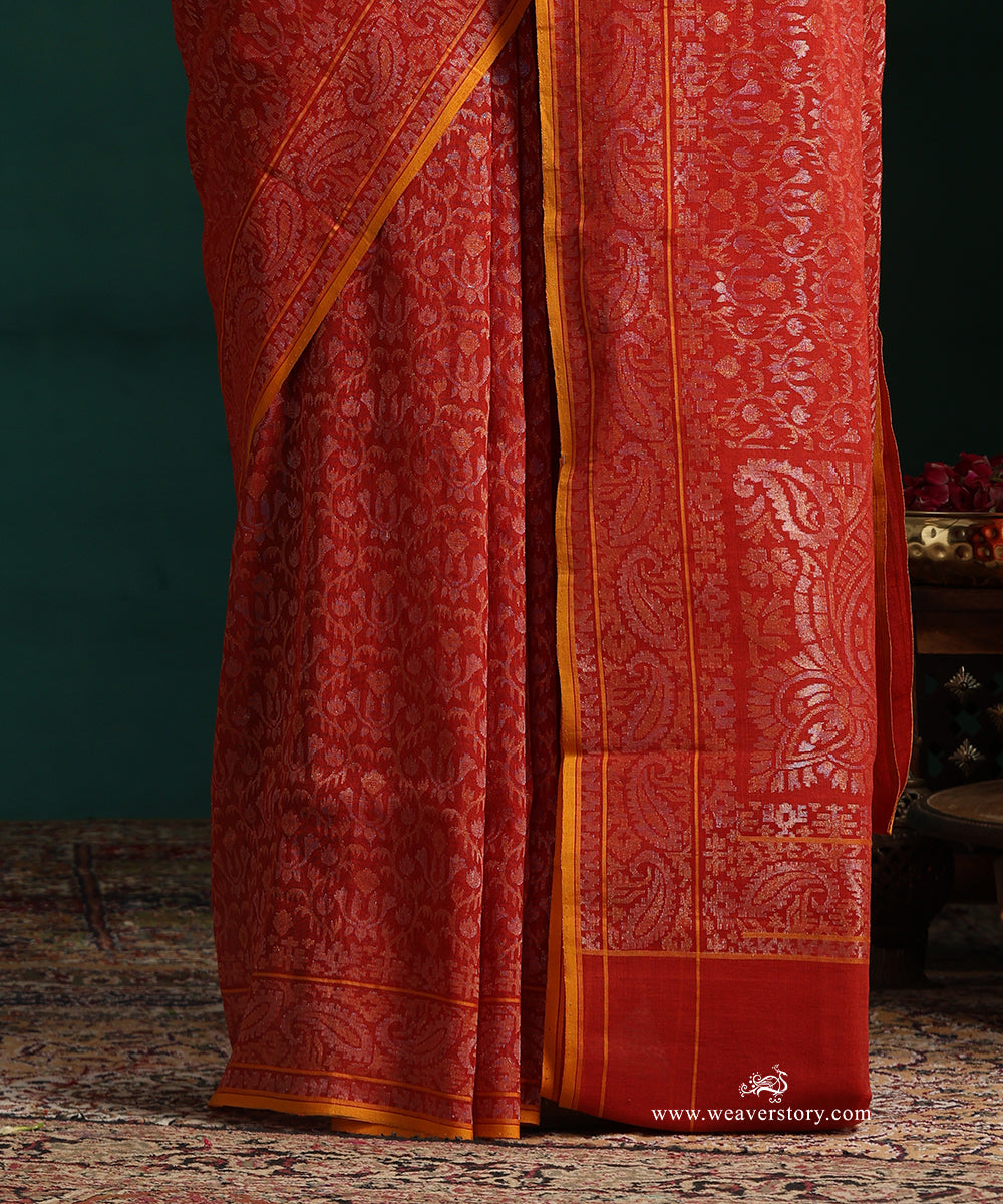 Red_Handloom_Pure_Cotton_Jamdami_Banarasi_Real_Zari_Saree_With_Yellow_Selvedge_WeaverStory_04