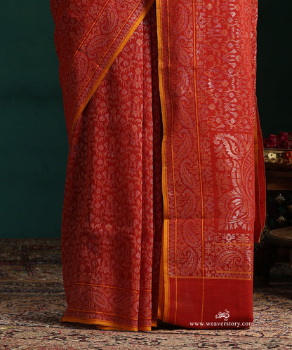 Red_Handloom_Pure_Cotton_Jamdami_Banarasi_Real_Zari_Saree_With_Yellow_Selvedge_WeaverStory_04