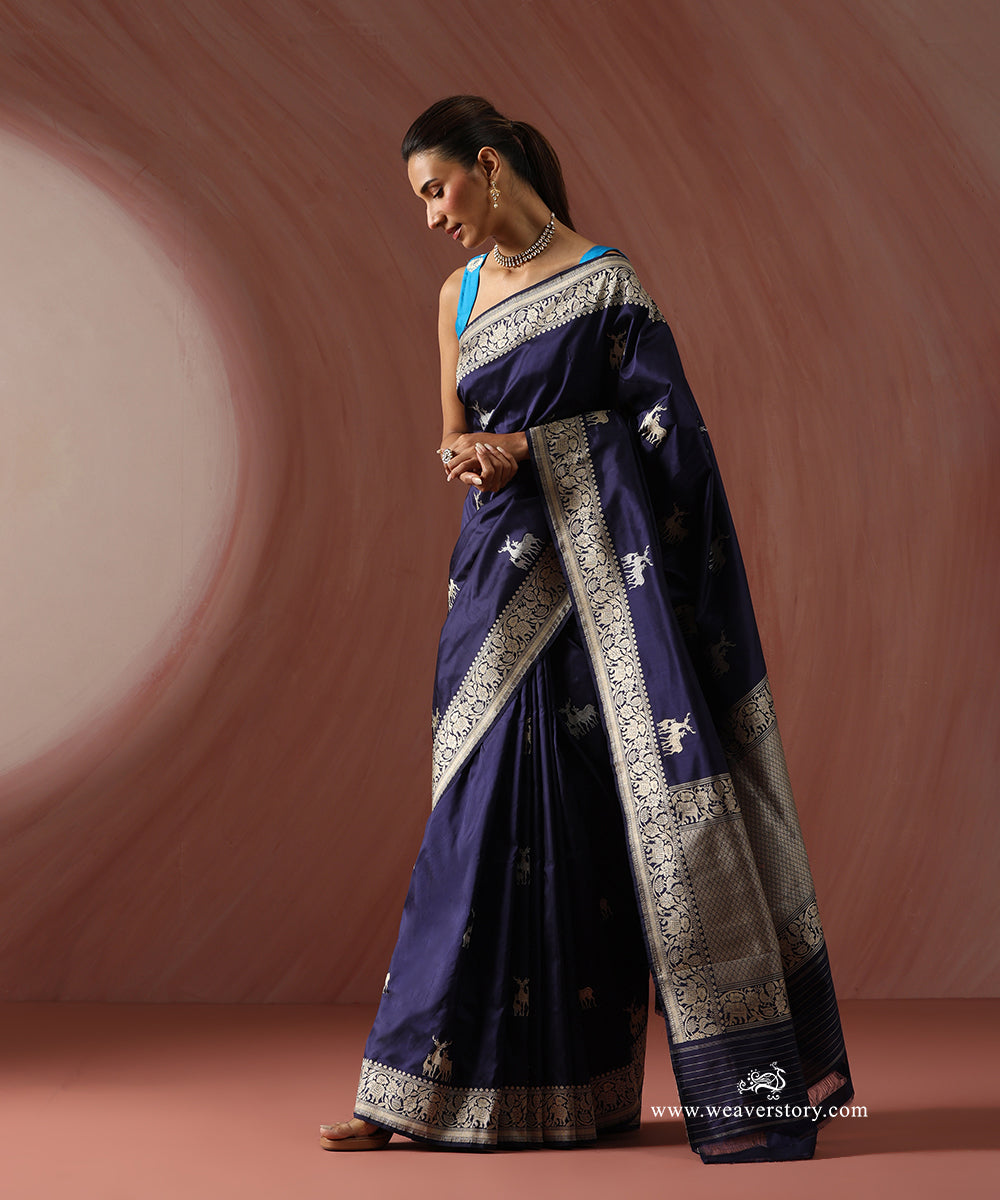Blue_Handloom_Pure_Katan_Silk_Banarasi_Saree_With_Gold_Silver_Deer_Family_Motifs_And_Elephant_Motif_Border_WeaverStory_01