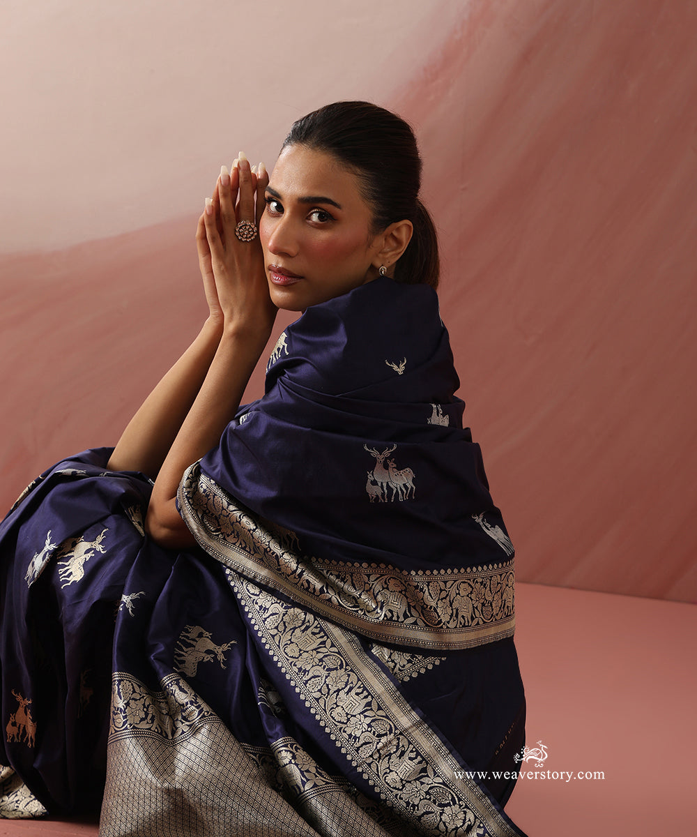 Blue_Handloom_Pure_Katan_Silk_Banarasi_Saree_With_Gold_Silver_Deer_Family_Motifs_And_Elephant_Motif_Border_WeaverStory_02