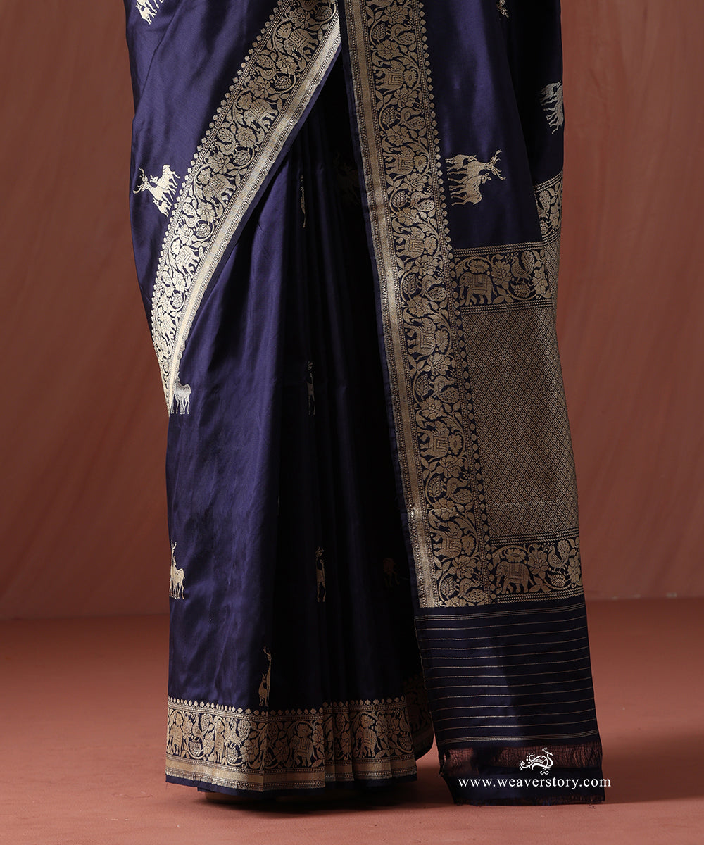 Blue_Handloom_Pure_Katan_Silk_Banarasi_Saree_With_Gold_Silver_Deer_Family_Motifs_And_Elephant_Motif_Border_WeaverStory_04