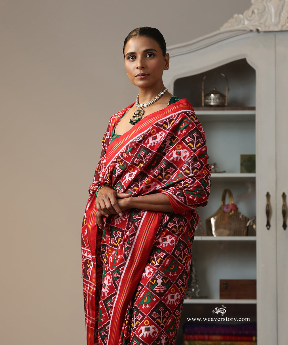 Red_Handloom_Double_Ikat_Patola_Traditional_Saree_With_Elephant_Motifs_WeaverStory_01