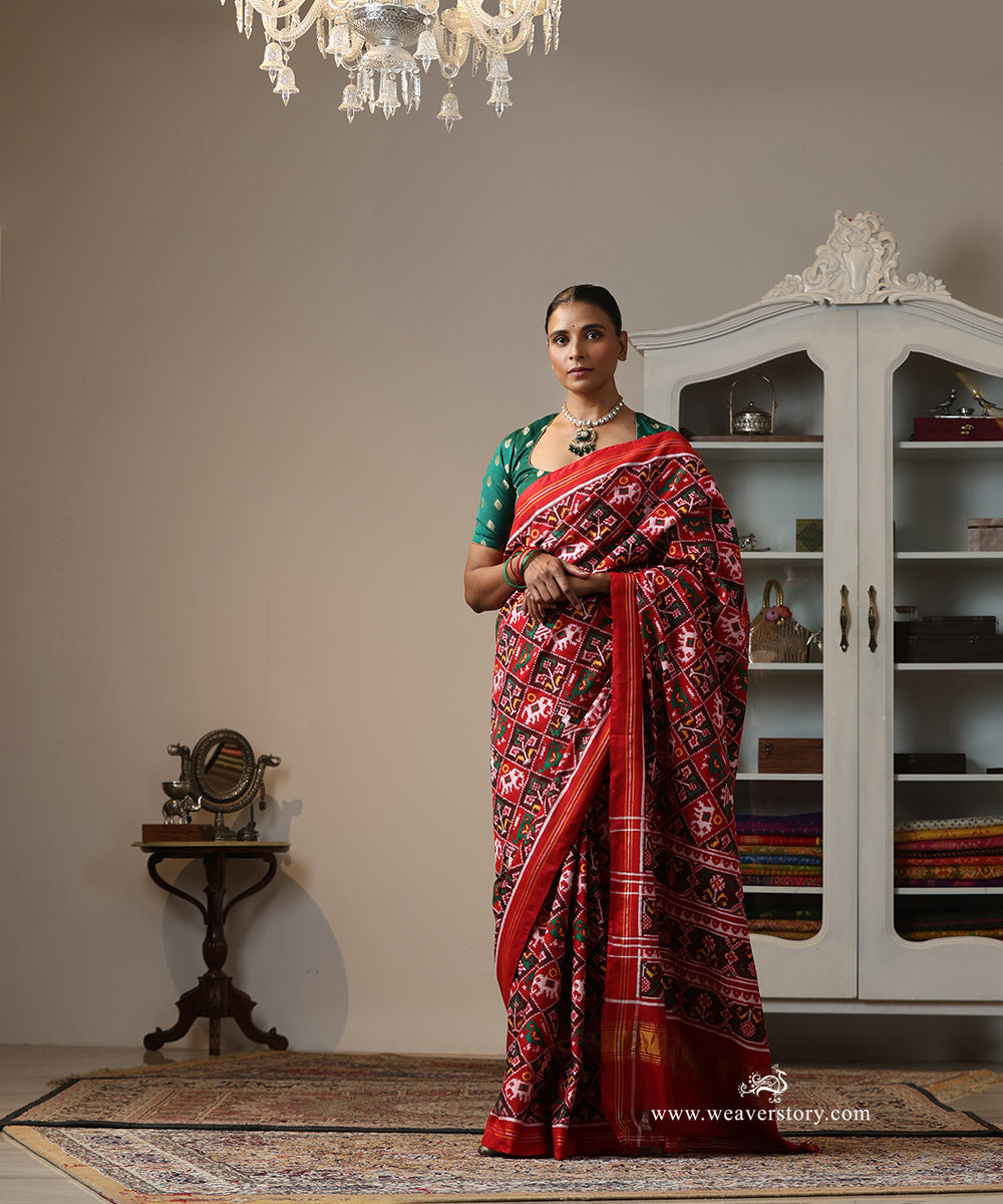 Red_Handloom_Double_Ikat_Patola_Traditional_Saree_With_Elephant_Motifs_WeaverStory_02