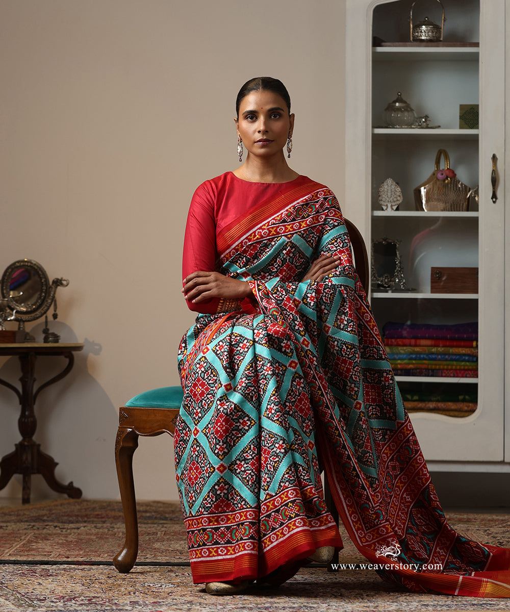 Red_And_Turquoise_Handloom_Double_Ikat_Patola_Saree_WeaverStory_01