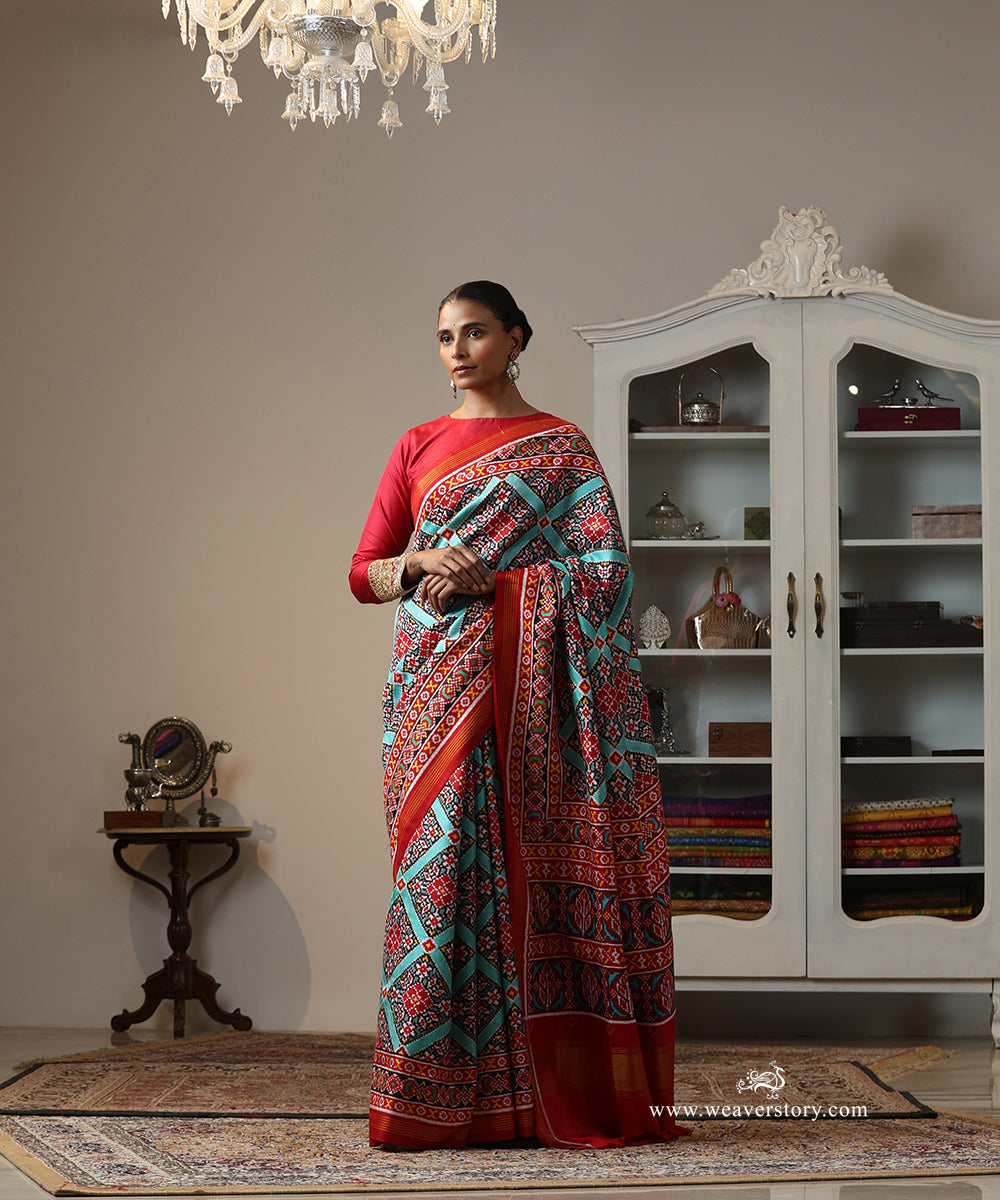 Red_And_Turquoise_Handloom_Double_Ikat_Patola_Saree_WeaverStory_02
