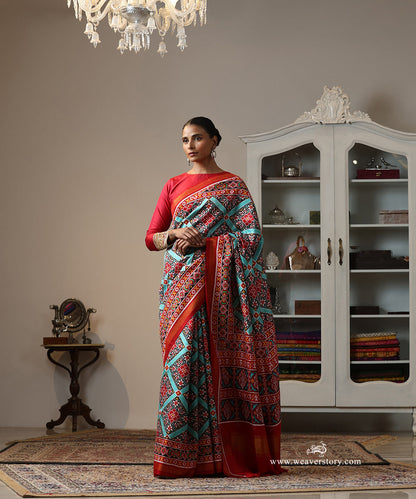 Red_And_Turquoise_Handloom_Double_Ikat_Patola_Saree_WeaverStory_02