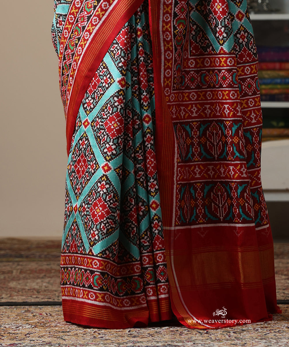 Red_And_Turquoise_Handloom_Double_Ikat_Patola_Saree_WeaverStory_04