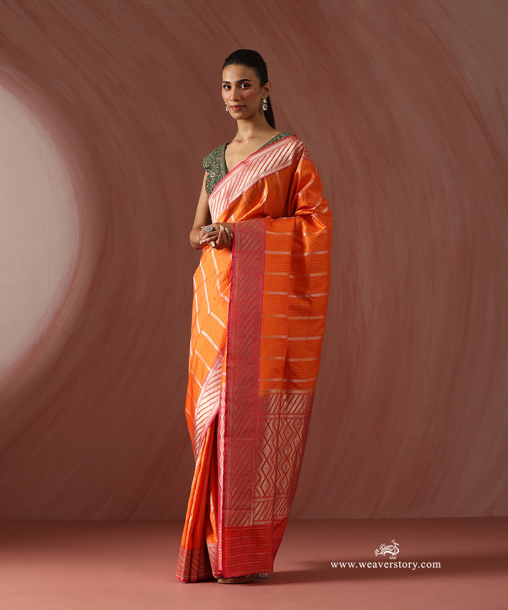 Orange_Handloom_Pure_Katan_Silk_Banarasi_Striped_Saree_With_Pink_Border_WeaverStory_01