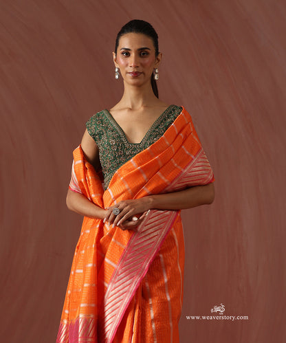 Orange_Handloom_Pure_Katan_Silk_Banarasi_Striped_Saree_With_Pink_Border_WeaverStory_02