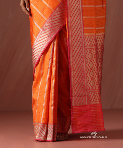 Orange_Handloom_Pure_Katan_Silk_Banarasi_Striped_Saree_With_Pink_Border_WeaverStory_04