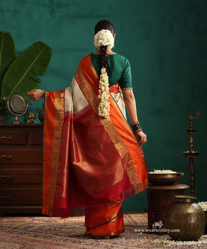 Offwhite_Handloom_Pin_Striped_Pure_Silk_Kanjivaram_Saree_With_Orange_And_Maroon_Korvai_Border_And_Paisley_Mayura_Motifs_WeaverStory_03