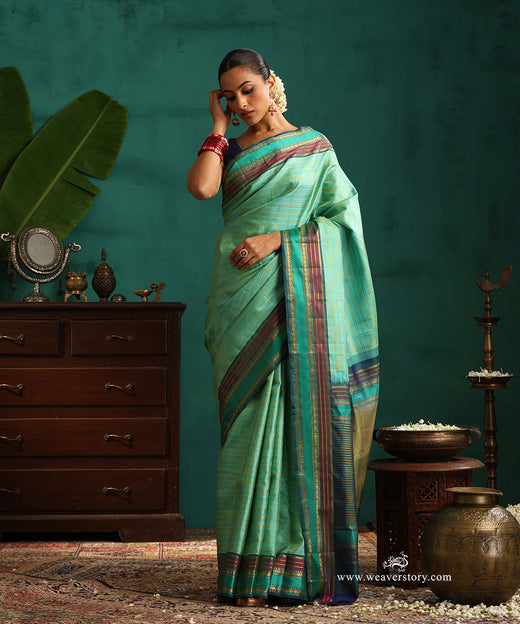 Aqua Green Handloom Pure Silk Kanjivaram Saree With All Over Zari Small Stripes And Green And Wine Korwai Border