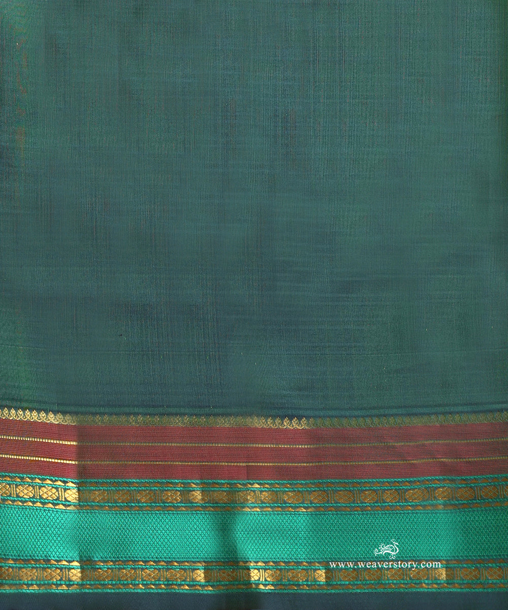 Aqua_Green_Handloom_Pure_Silk_Kanjivaram_Saree_With_All_Over_Zari_Small_Stripes_And_Green_And_Wine_Korwai_Border_WeaverStory_05