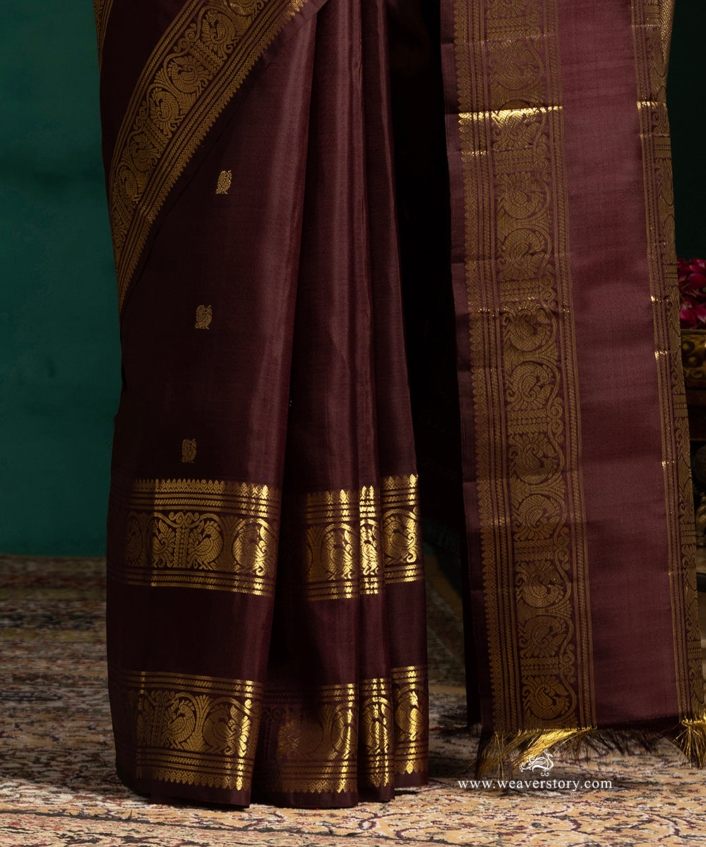 Coke_Brown_Pure_Silk_Kanjivaram_Saree_With_Annapakshi_And_Rudraksh_Booti_And_Annapakshi_Border_WeaverStory_04