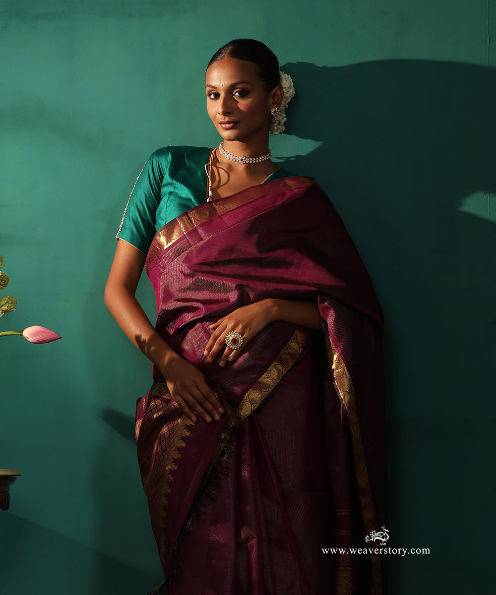 Purple_Pure_Silk_Kanjivaram_Saree_With_Zari_Pin_Stripes_And_And_Small_Border_With_Rudraksh_WeaverStory_02