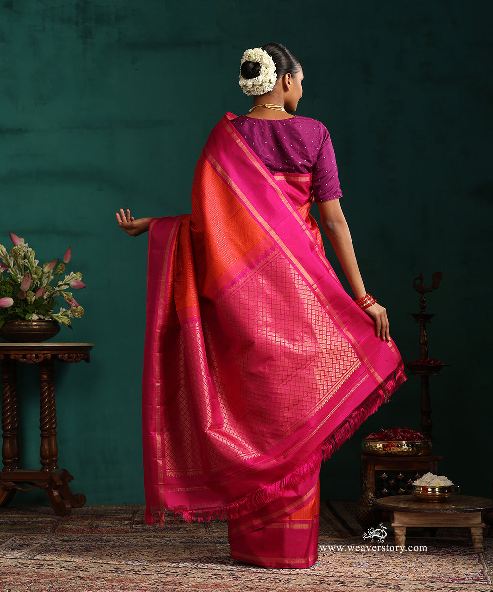Burnt_Orange_Pure_Silk_Kanjivaram_Saree_With_Zari_Stripes_And_Majenta_Korwai_Border_WeaverStory_03