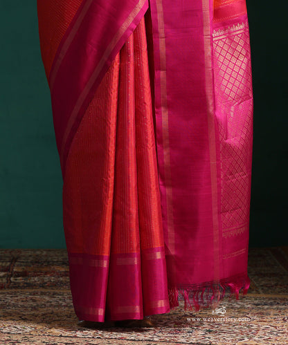 Burnt_Orange_Pure_Silk_Kanjivaram_Saree_With_Zari_Stripes_And_Majenta_Korwai_Border_WeaverStory_04