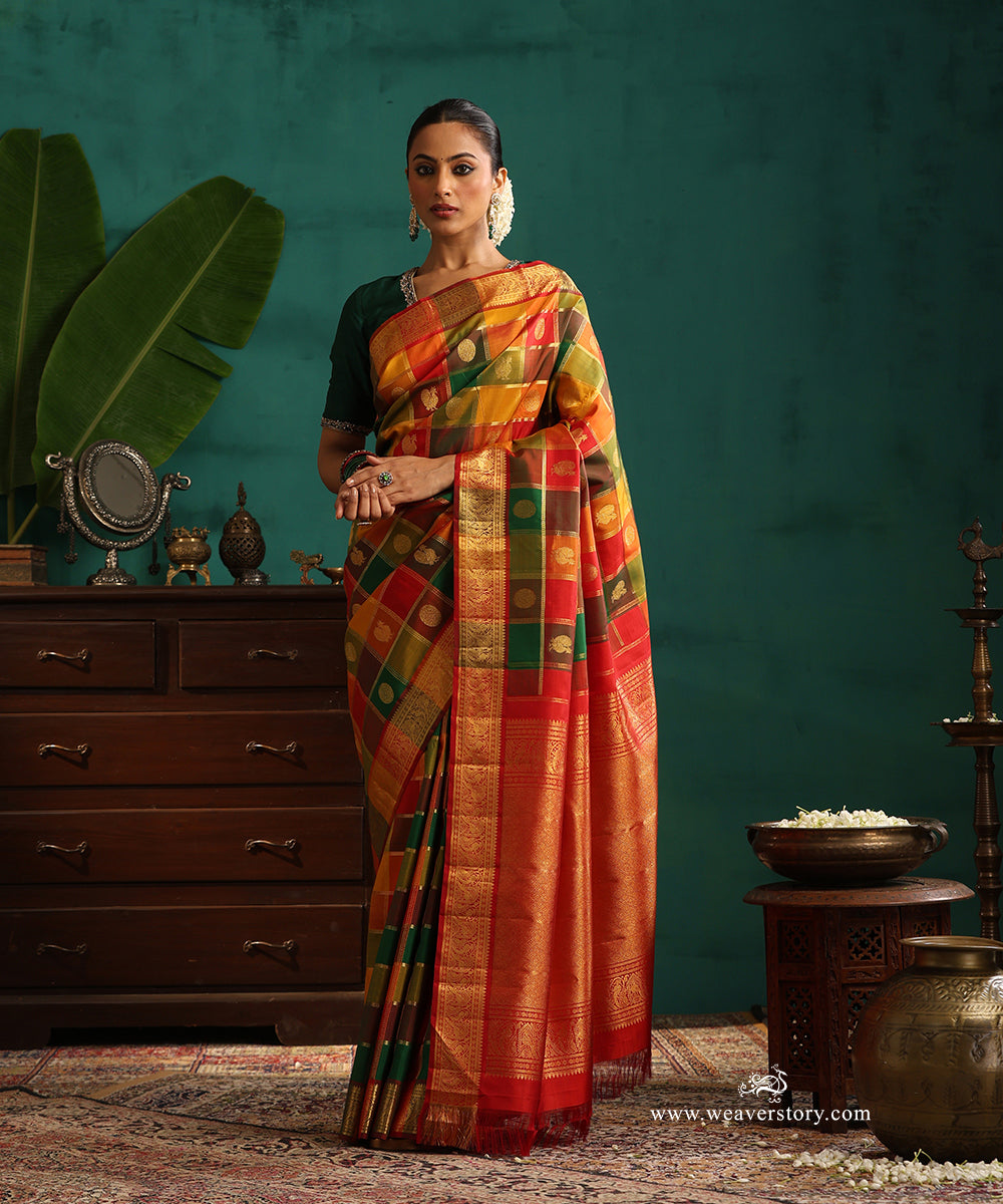 Pure_Silk_Handloom_Kanjivaram_Paalum_Pazhamum_Zari_Checks_Saree_Multicolour_With_Woven_Annam_And_Mayil_Chakaram_Buttas_WeaverStory_01