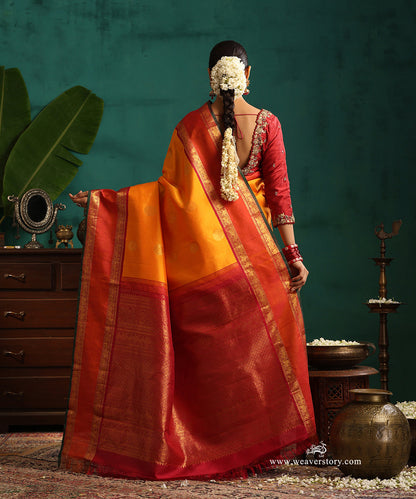 Mango_Yellow_Handloom_Pure_Kanjivaram_Saree_With_Bootas_And_Orange_And_Red_Elephant_Motifs_Korwai_Border_WeaverStory_03