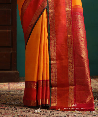 Mango_Yellow_Handloom_Pure_Kanjivaram_Saree_With_Bootas_And_Orange_And_Red_Elephant_Motifs_Korwai_Border_WeaverStory_04
