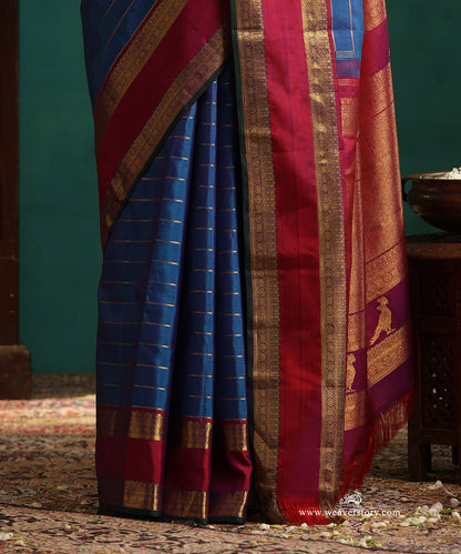 Blue_Handloom_Pure_Silk_Kanjivaram_Saree_With_Veldhari_And_Berry_Pink_Korwai_Border_WeaverStory_04