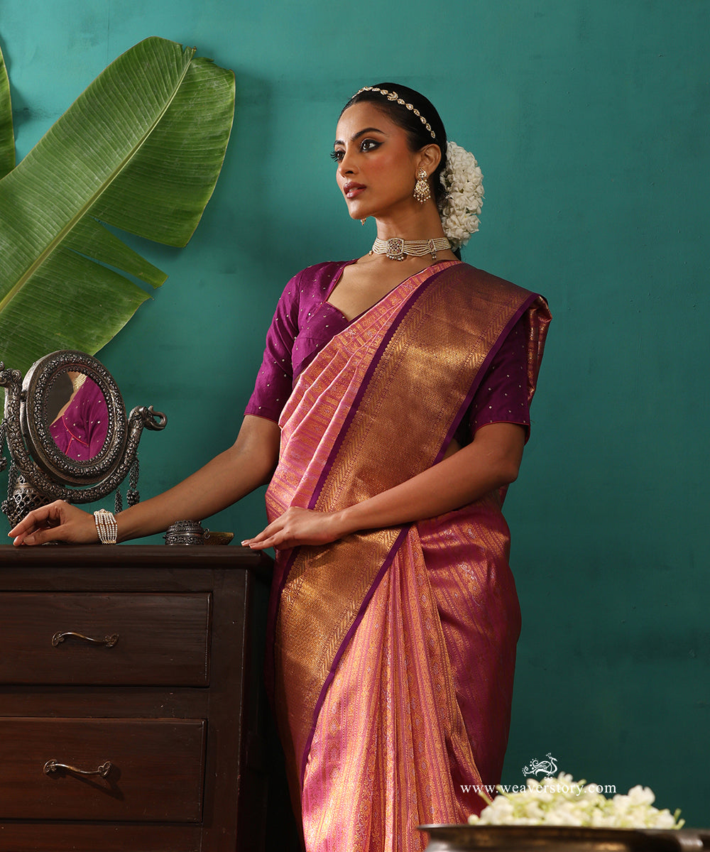 Pink_Handloom_Pure_Silk_Tissue_Saree_With_Vertical_Stripes_And_Purple_Border_WeaverStory_02