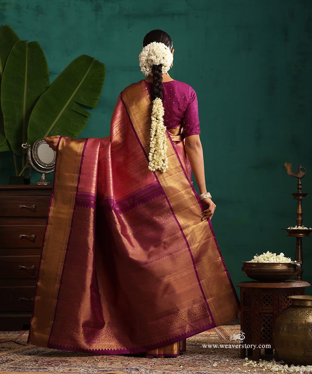 Pink_Handloom_Pure_Silk_Tissue_Saree_With_Vertical_Stripes_And_Purple_Border_WeaverStory_03