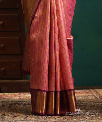 Pink_Handloom_Pure_Silk_Tissue_Saree_With_Vertical_Stripes_And_Purple_Border_WeaverStory_04