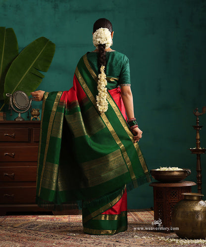Red_Handloom_Pure_Silk_Pure_Zari_Stripes_Saree_With_Green_Korwai_Annapakshi_Border_WeaverStory_03