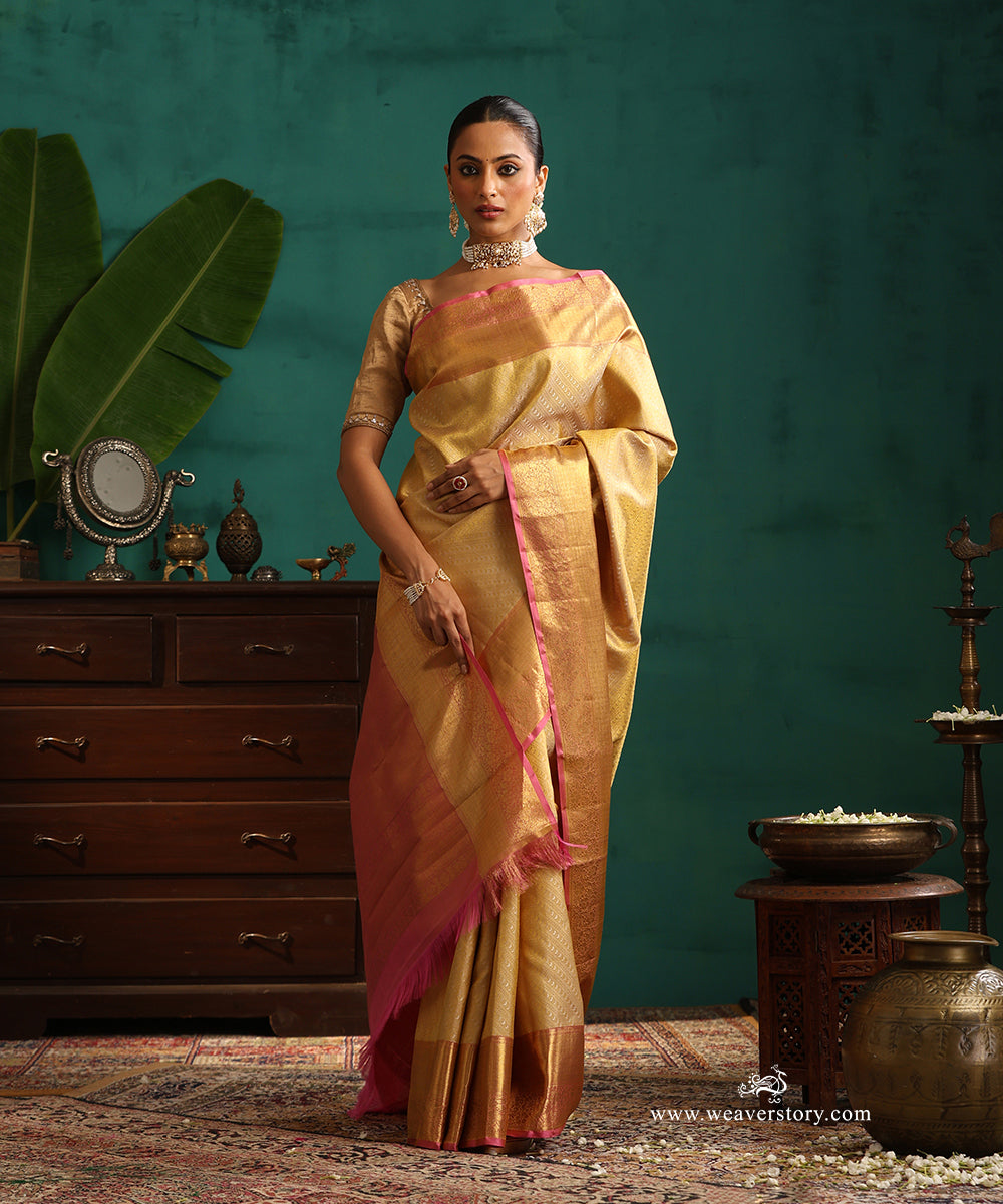 Beige_And_Gold_Handloom_Pure_Silk_Tissue_Kanjivaram_Saree_With_Pink_Border_And_Selvedge_WeaverStory_01