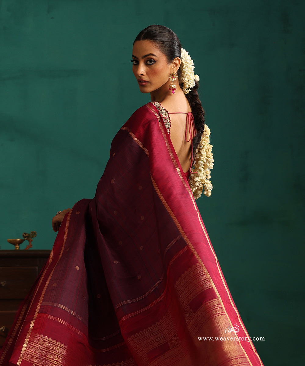 Wine_Handloom_Pure_Silk_Pure_Zari_Striped_Saree_With_Chakram_Motifs_And_Maroon_Korwai_Border_WeaverStory_02