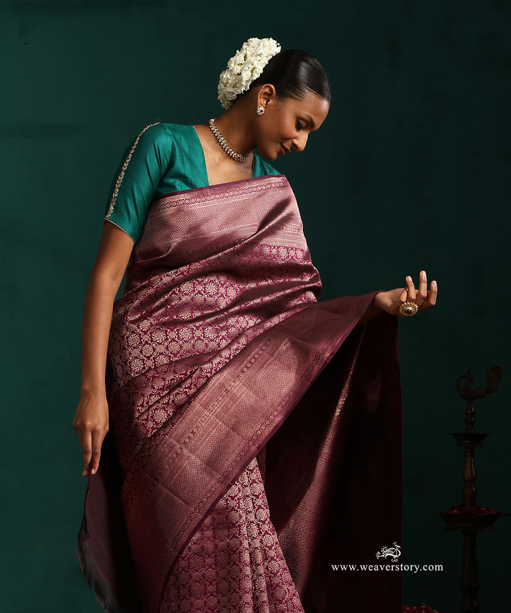 Dark_Wine_Pure_Silk_Kanjivaram_Saree_With_Antique_Zari_Floral_Jaal_WeaverStory_02
