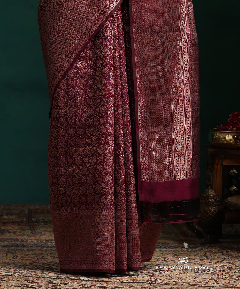 Dark_Wine_Pure_Silk_Kanjivaram_Saree_With_Antique_Zari_Floral_Jaal_WeaverStory_04