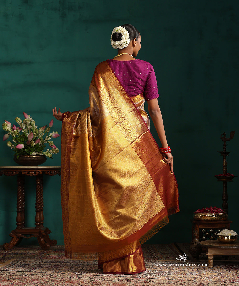 Wine_And_Gold_Pure_Tissue_Silk_Kanjivaram_Saree_With_Purple_Border_With_Chevron_And_Peacocks_WeaverStory_03