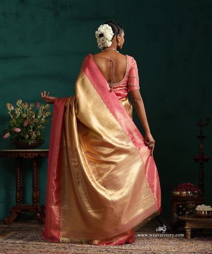 Gold_Pure_Tissue_Silk_Twill_Weave_Kanjivaram_Saree_With_Pink_Border_WeaverStory_03
