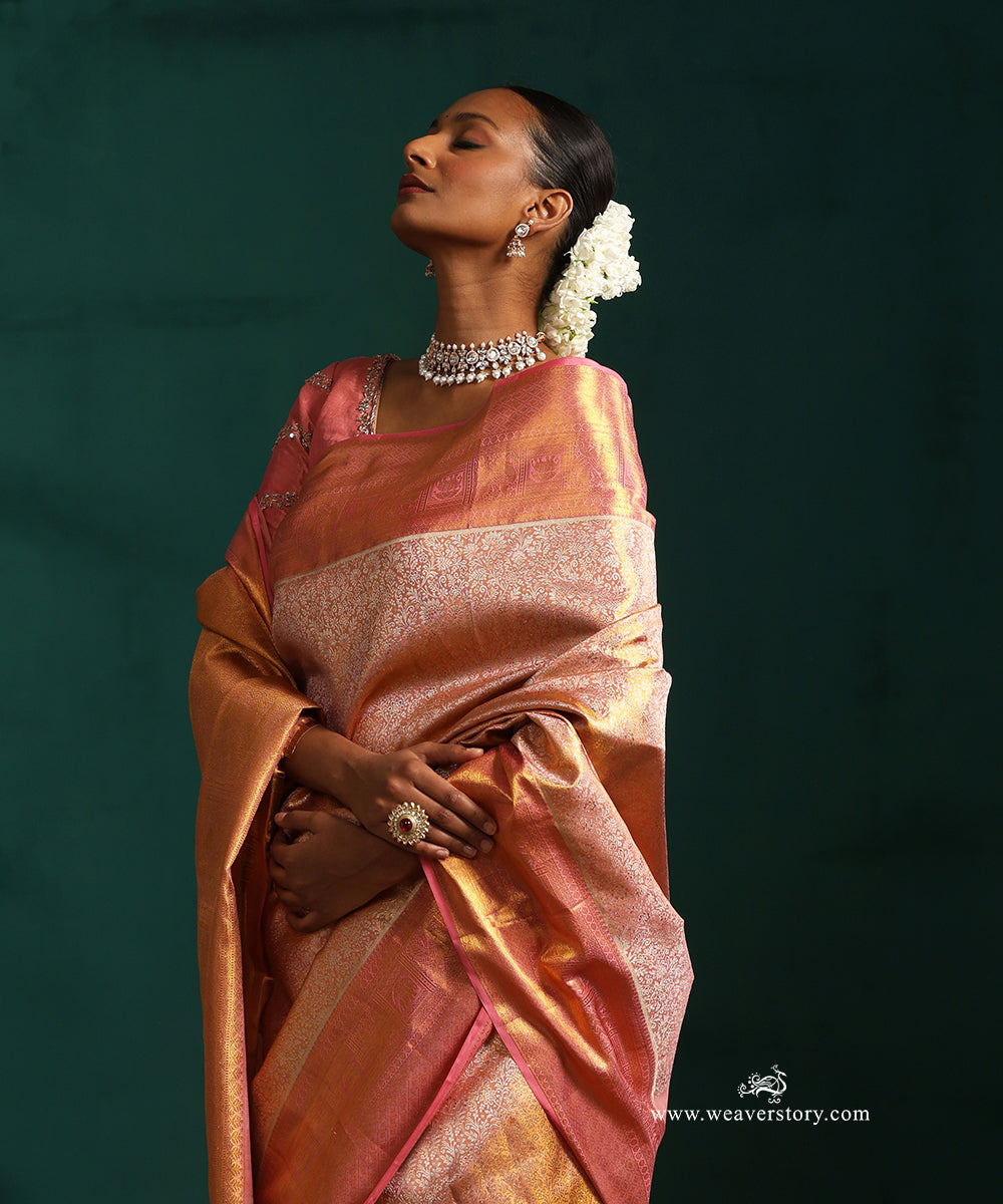 Pastel_Pink_And_Gold_Pure_Silk_Tissue_Kanjivaram_Saree_With_Delicate_Jaal_And_Elephant_Motif_Border_WeaverStory_02