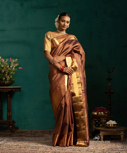 Coke_Brown_Pure_Silk_Kanjivaram_Saree_With_Copper_Zari_Border_And_All_Over_Motifs_WeaverStory_01