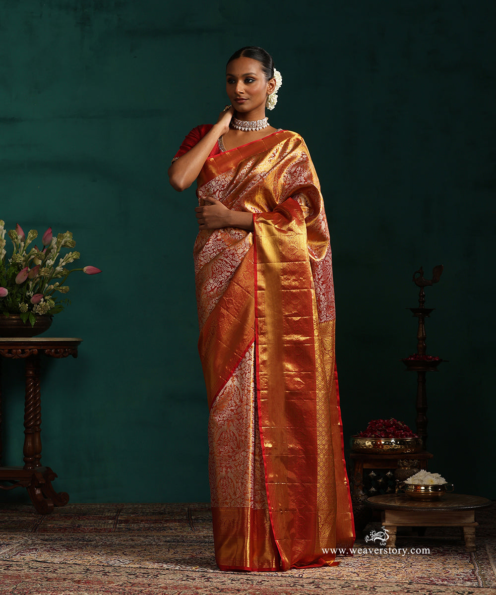 Red_And_Gold_Pure_Silk_Tissue_Kanjivaram_Saree_With_Floral_Jaal_And_Red_Border_WeaverStory_01