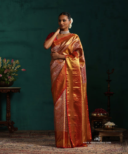 Red_And_Gold_Pure_Silk_Tissue_Kanjivaram_Saree_With_Floral_Jaal_And_Red_Border_WeaverStory_01
