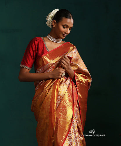 Red_And_Gold_Pure_Silk_Tissue_Kanjivaram_Saree_With_Floral_Jaal_And_Red_Border_WeaverStory_02
