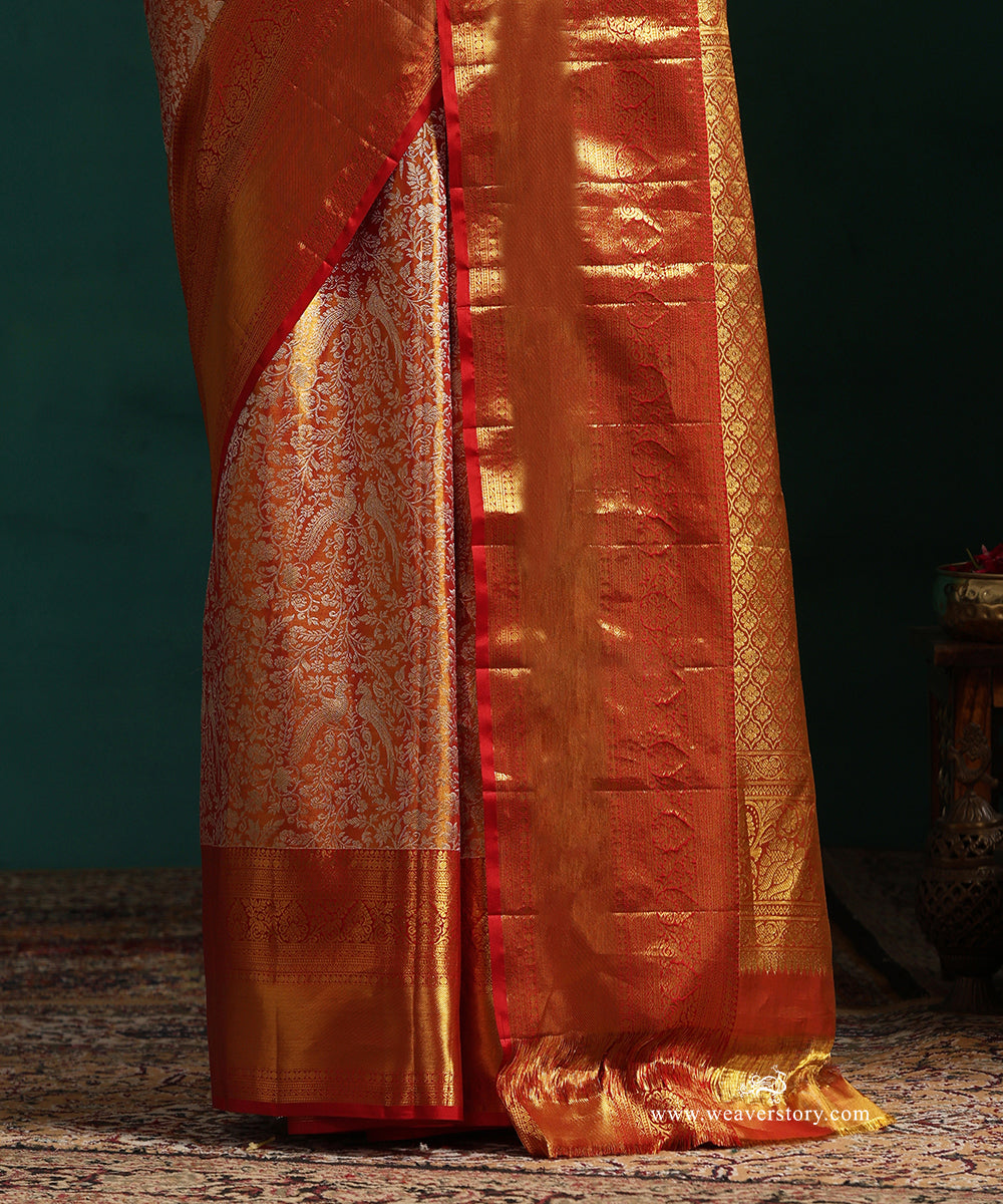 Red_And_Gold_Pure_Silk_Tissue_Kanjivaram_Saree_With_Floral_Jaal_And_Red_Border_WeaverStory_04