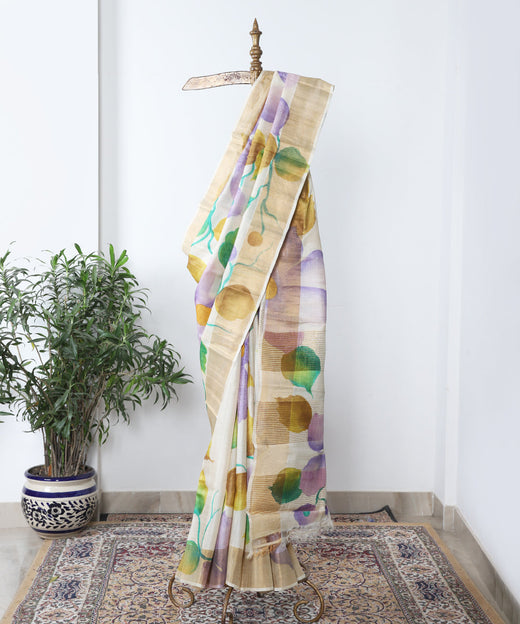 Beige Handloom Hand Painted Pure Tusser Silk Saree With Floral And Leaf Motifs
