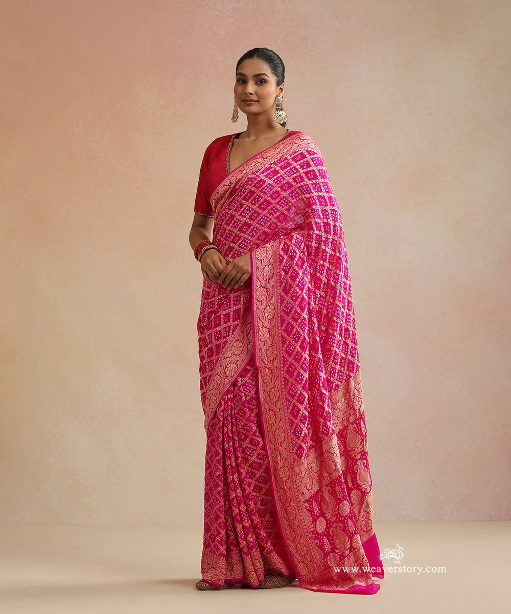 Pink_Handloom_Pure_Georgette_Banarasi_Bandhej_Saree_With_Zari_Checks_WeaverStory_01