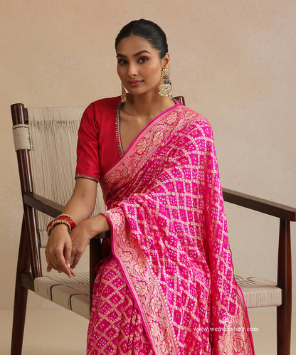 Pink_Handloom_Pure_Georgette_Banarasi_Bandhej_Saree_With_Zari_Checks_WeaverStory_02