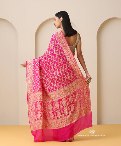 Pink_Handloom_Pure_Georgette_Banarasi_Bandhej_Saree_With_Sona_Zari_Border_WeaverStory_03