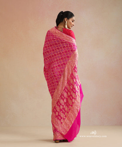 Pink_Handloom_Pure_Georgette_Banarasi_Bandhej_Saree_With_Zari_Checks_WeaverStory_03