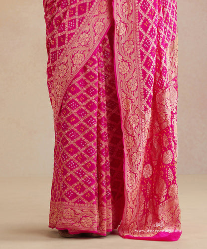 Pink_Handloom_Pure_Georgette_Banarasi_Bandhej_Saree_With_Zari_Checks_WeaverStory_04
